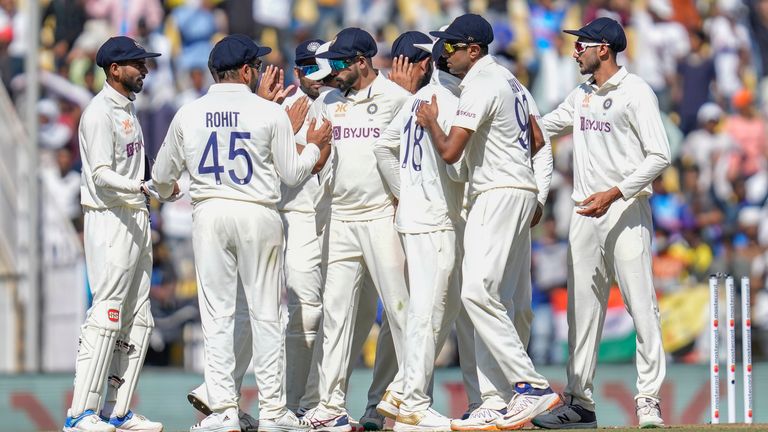 Indian player celebrates after winning the first cricket test match against Australia in Nagpur, India, Saturday, Feb. 11, 2023. (AP Photo/Rafiq Maqbool)