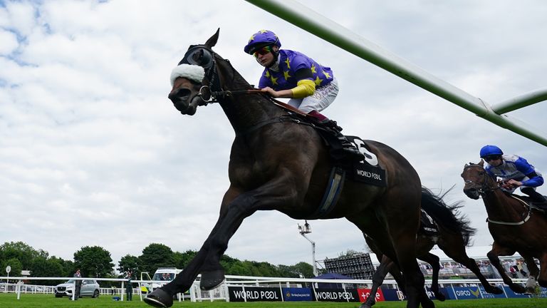 Larado, ridden by Cieren Fallon, in action during The World Pool Handicap at Epsom