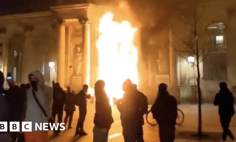 Bordeaux town hall set on fire in France pension protests