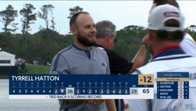 Tyrrell Hatton produced five birdies in a row to take the clubhouse lead and tie the back-nine scoring record at TPC Sawgrass during the final round of The Players Championship