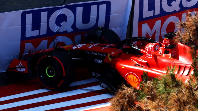 Charles Leclerc hits the barriers in his Ferrari on his final run in the Sprint Shootout but his previous run was enough to give him pole for the Sprint.