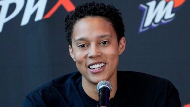 WNBA basketball player Brittney Griner speaking at Thursday's news conference