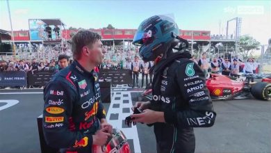 Max Verstappen and George Russell share an angry exchange after the two made contact on the first lap of the Sprint at the Azerbaijan Grand Prix