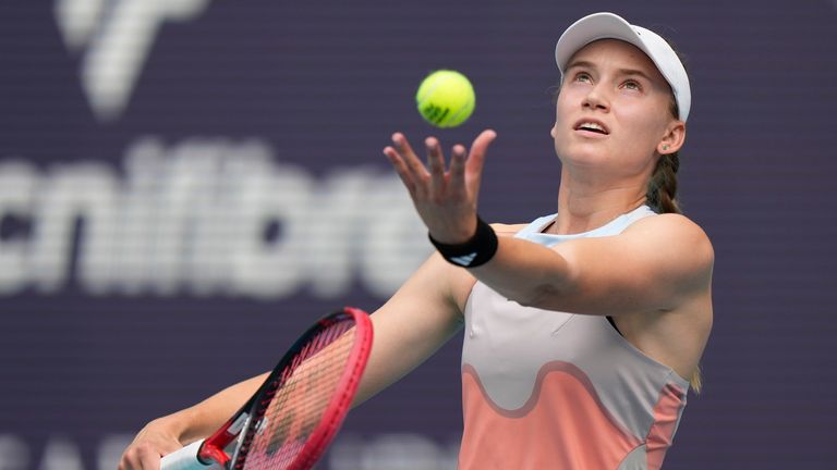 Elena Rybakina, of Kazakhstan, serves to Petra Kvitova, of the Czech Republic, during the women's singles finals of the Miami Open tennis tournament, Saturday, April 1, 2023, in Miami Gardens, Fla. (AP Photo/Wilfredo Lee)