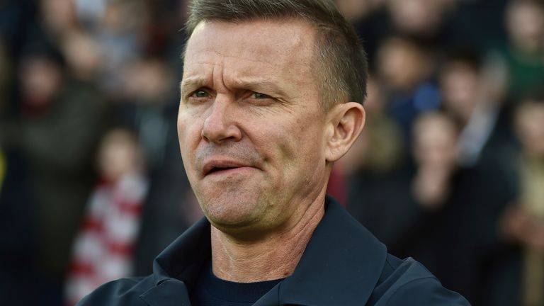 Leeds United's head coach Jesse Marsch during the English Premier League soccer match between Nottingham Forest and Leeds United at City ground in Nottingham, England, Sunday, Feb. 5, 2023. (AP Photo/Rui Vieira)