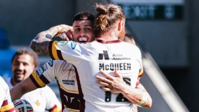 Owen Trout celebrates one of his two tries against Salford