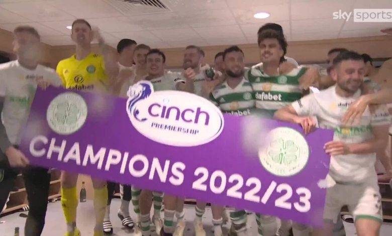 Joyful scenes in Celtic dressing room after title win!