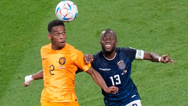 Jurrien Timber and Enner Valencia compete for the ball