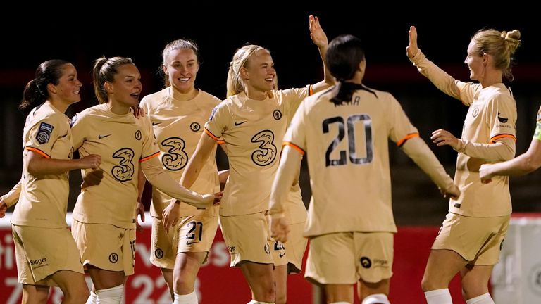 Chelsea's Pernille Harder celebrates scoring the second goal against West Ham in the WSL