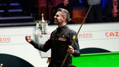 Mark Selby celebrates his maximum break in the final of the World Snooker Championship